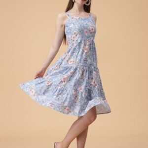 Sky Blue Printed Three Tiered Dress