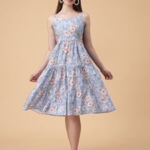 Sky Blue Printed Three Tiered Dress